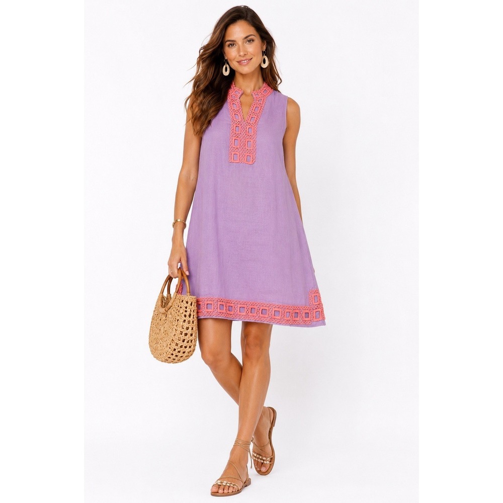 French Curve 100% Linen Shift Dress Purple Pink Crochet Trim L Pockets Resort